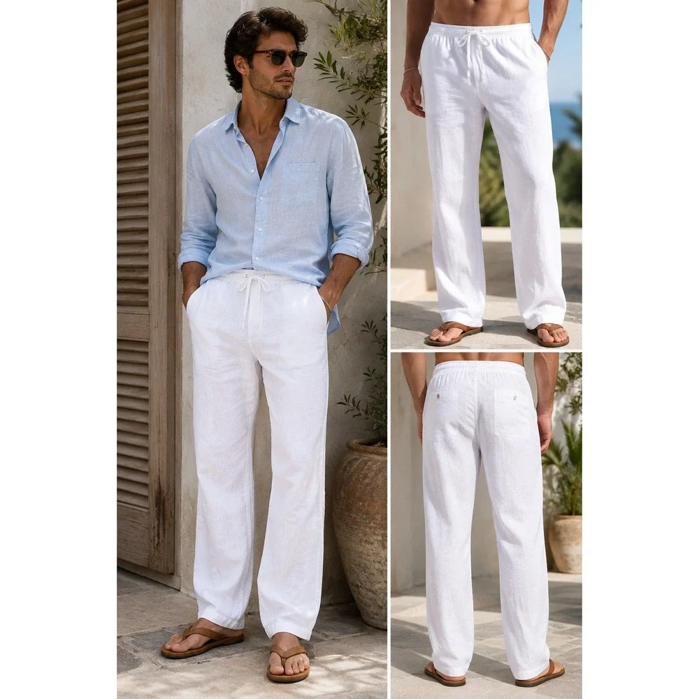 Cubavera Men's Medium White Linen Blend Drawstring Pants Relaxed Beach 32/34